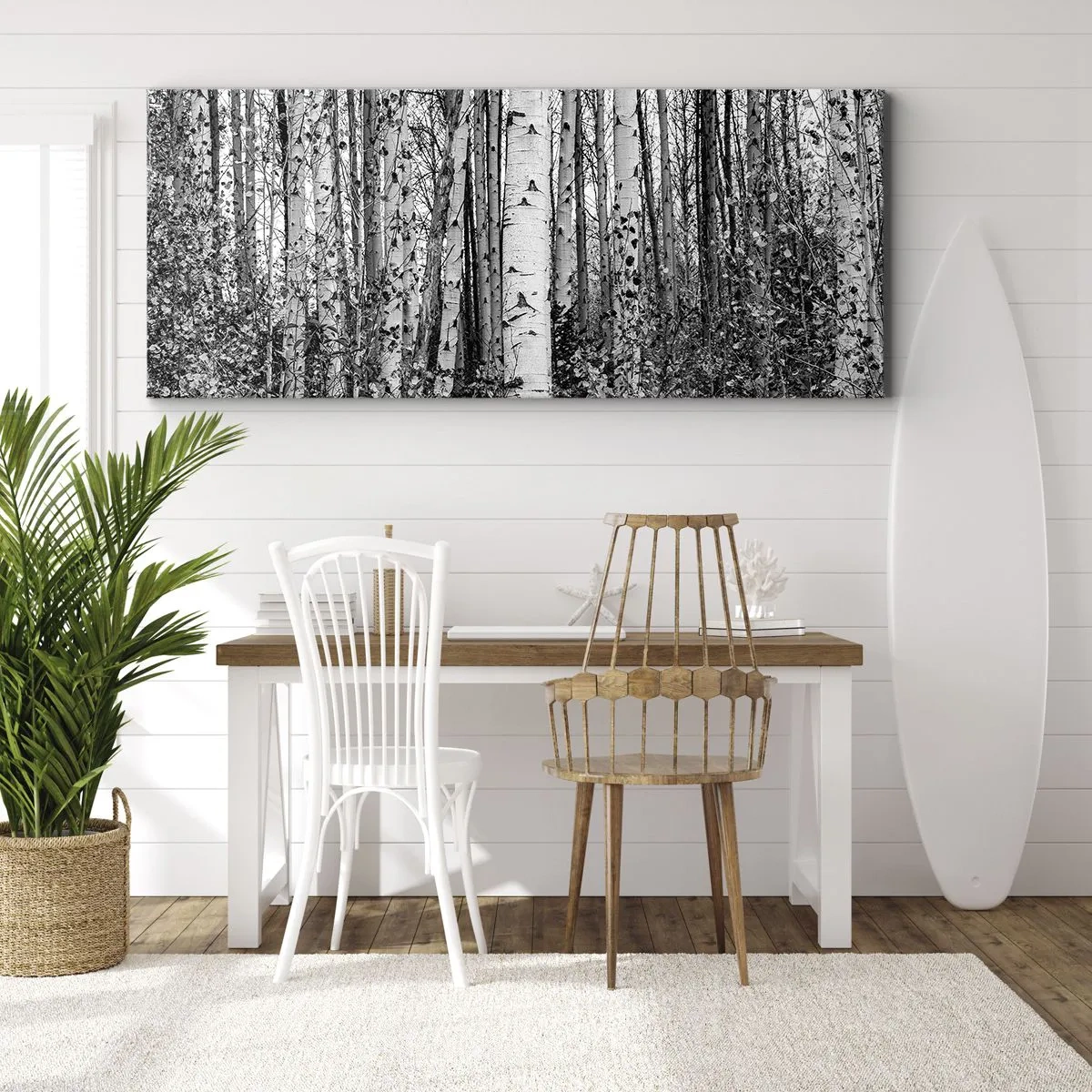 Cuadro sobre lienzo - Impresión de Imagen - Abedules blancos y negros en el bosque - 120x50cm - Columnas de abedules - Decoración de pared moderna para salón y dormitorio ARTTOR
