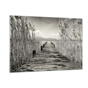 Cuadro sobre vidrio - Impresiones sobre Vidrio - Un puente de madera atraviesa la hierba y cruza un lago tranquilo. - 120x80cm - En la quietud de los juncos - Decoración de pared moderna para salón y dormitorio ARTTOR