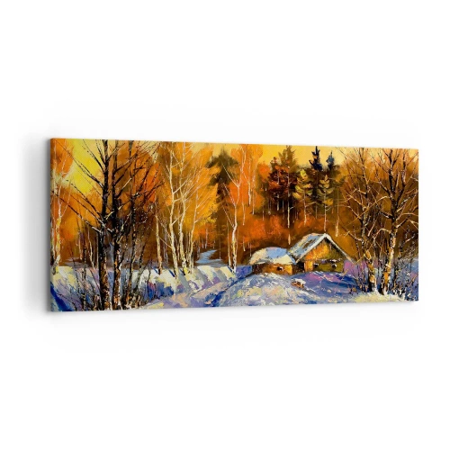Cuadro sobre lienzo - Impresión de Imagen - Paisaje invernal con una casa a la luz del sol poniente. - 120x50cm - Una impresión invernal al sol - Decoración de pared moderna para salón y dormitorio ARTTOR