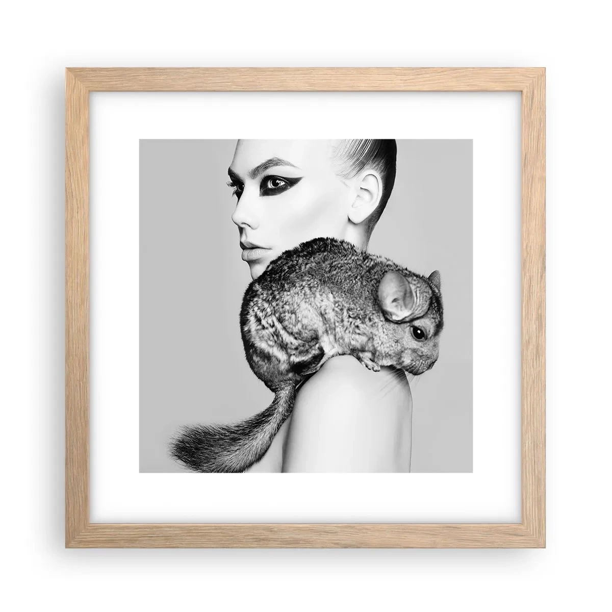 Póster en marco roble claro - Dama con chinchilla - 30x30 cm