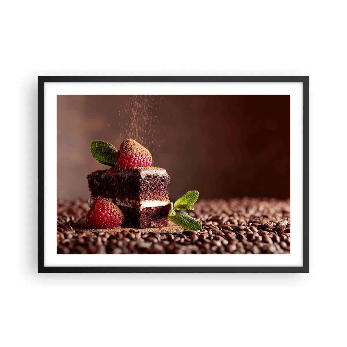 Póster en marco negro - Pastel de chocolate con frambuesas y menta sobre un fondo de granos de cacao. - 70x50cm - La vida es dulce - Decoración de pared moderna para salón y dormitorio ARTTOR