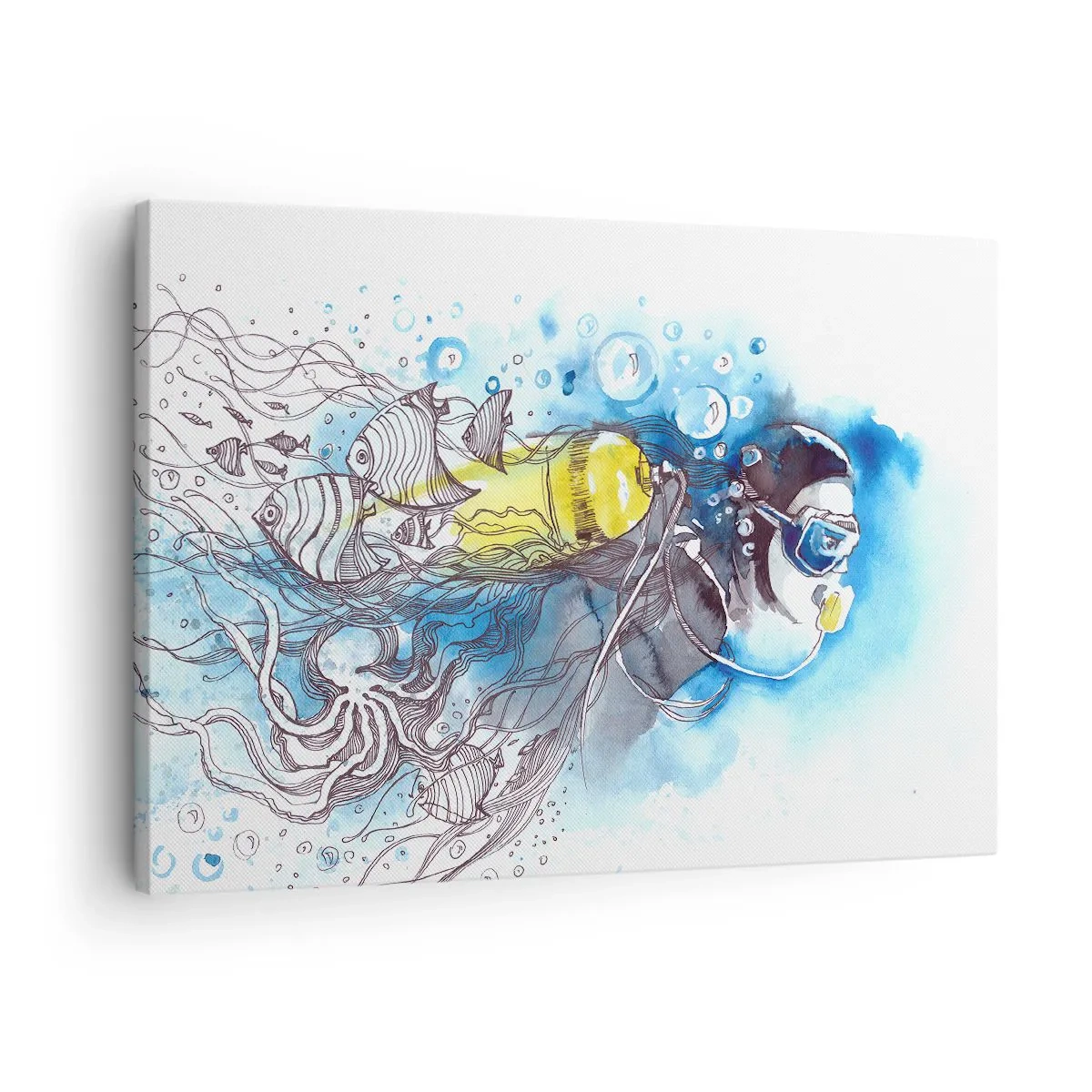 Cuadro sobre lienzo - Impresión de Imagen - Escena submarina con un buceador y peces exóticos. - 70x50cm - Sumergirse en lo desconocido - Decoración de pared moderna para salón y dormitorio ARTTOR