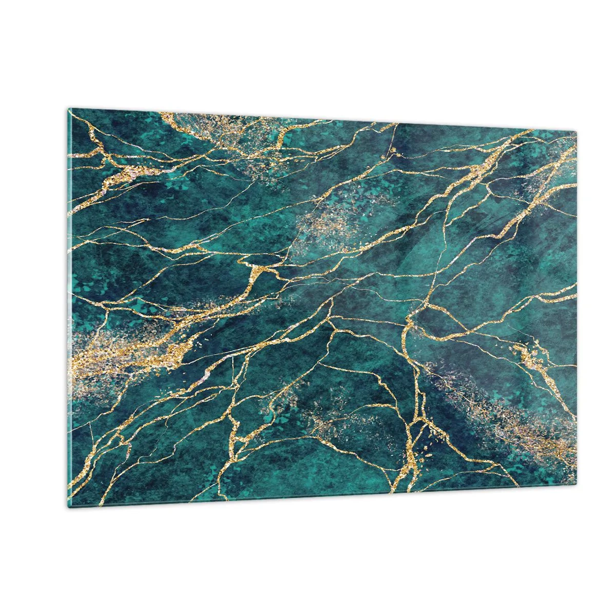 Cuadro sobre vidrio - Impresiones sobre Vidrio - Piedra jaspeada con vetas doradas, tonos verde azulado y verde. - 120x80cm - Riachuelos de oro - Decoración de pared moderna para salón y dormitorio ARTTOR