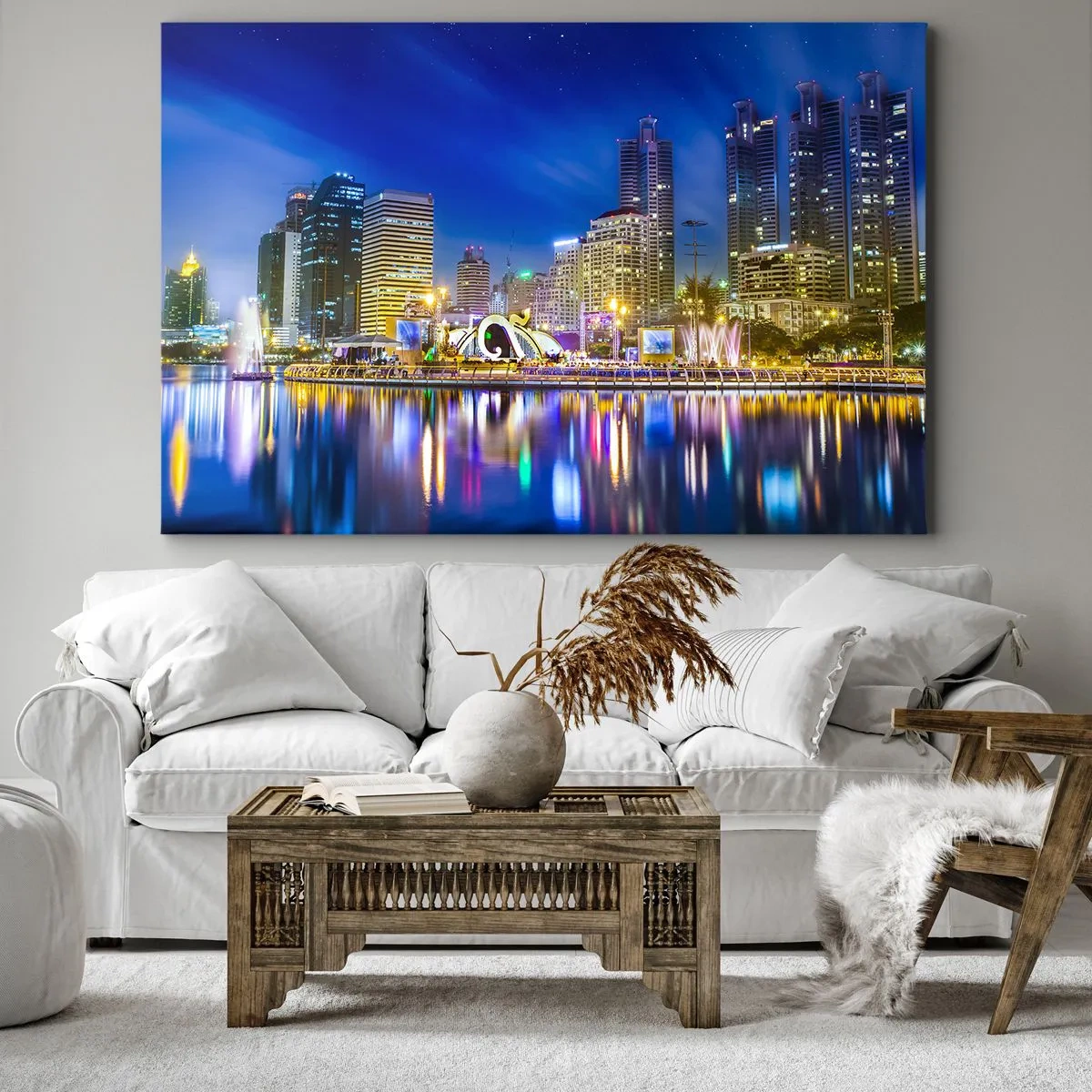 Cuadro sobre lienzo - Impresión de Imagen - Panorama nocturno de la ciudad con luces reflejadas en el agua. - 70x50cm - La noche del arco iris de la metrópoli - Decoración de pared moderna para salón y dormitorio ARTTOR