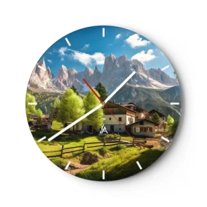 Reloj de pared - Reloj de vidrio - Un asentamiento rural al pie de las montañas en un día soleado. - 30x30cm - Idilio alpino - Decoración de pared moderna para salón, cocina y dormitorio ARTTOR