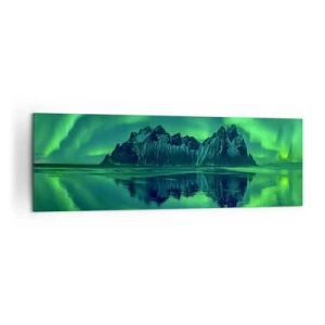 Cuadro sobre lienzo - Impresión de Imagen - Montañas rodeadas de auroras boreales reflejadas en el agua. - 160x50cm - En los brazos de la aurora - Decoración de pared moderna para salón y dormitorio ARTTOR