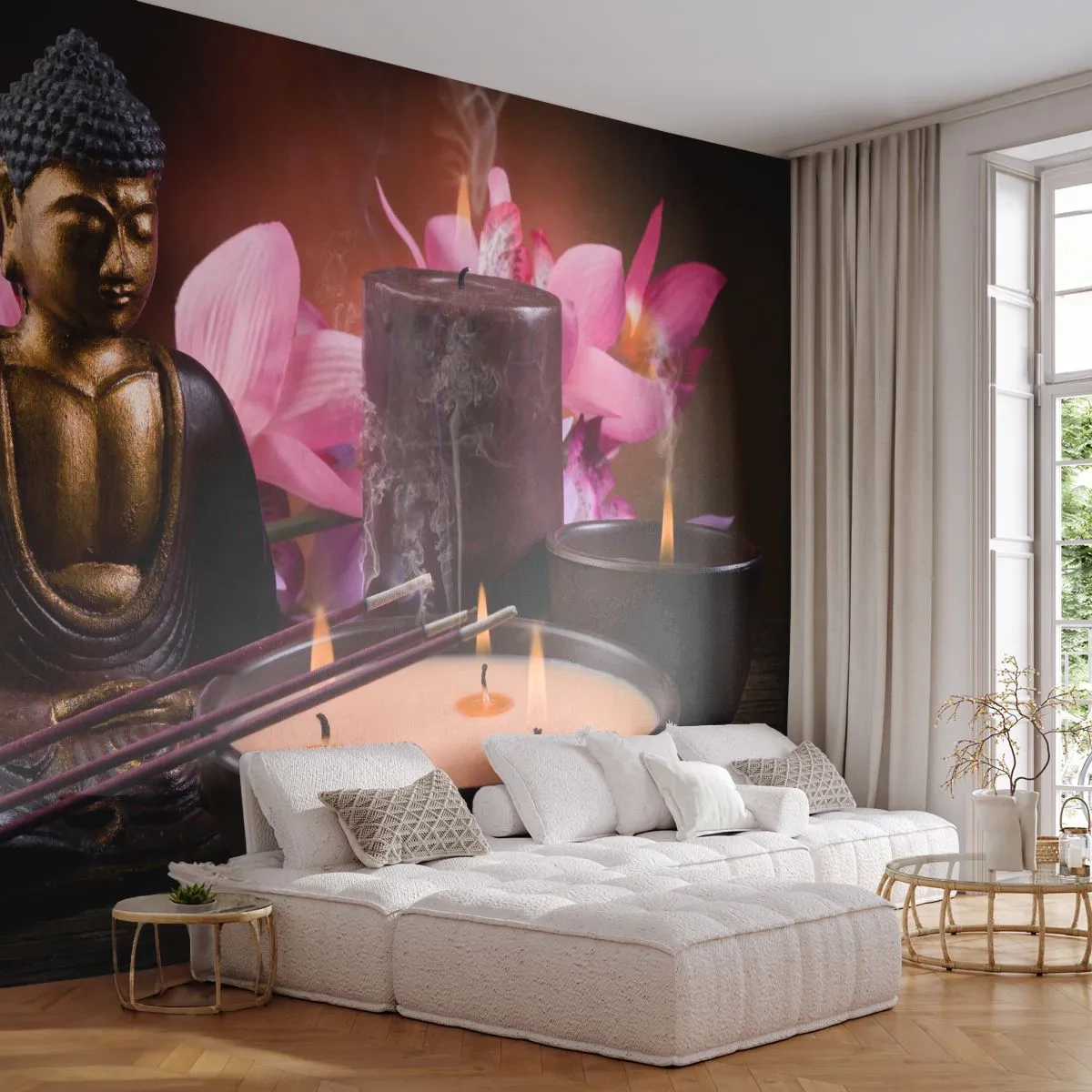 Fotomural Premium Sand - Una figura de Buda con velas encendidas e incienso sobre un fondo de flores. - 100x70cm - Despejar la mente, calmar el cuerpo - Decoración de pared moderna para salón y dormitorio ARTTOR