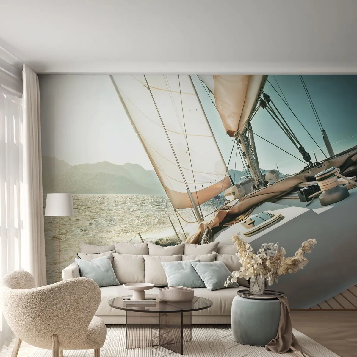 Fotomural Premium Canvas - Un yate en mar abierto con vistas a las montañas. - 100x70cm - A toda vela - Decoración de pared moderna para salón y dormitorio ARTTOR