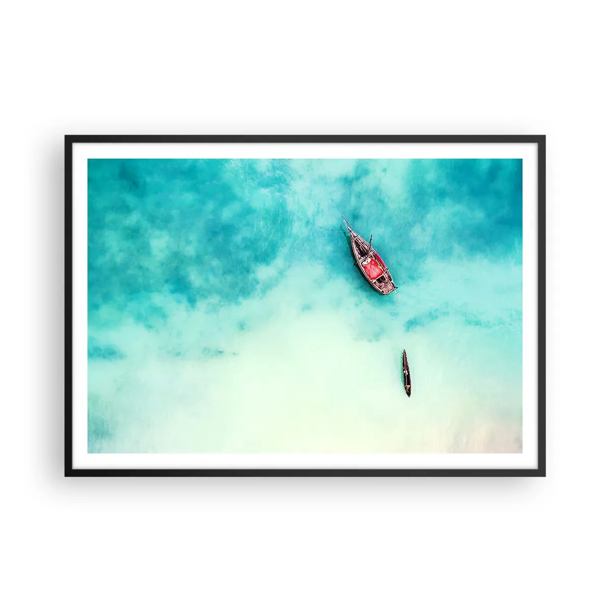 Póster en marco negro - Barcos en aguas turquesas vistos a vista de pájaro - 100x70cm - Porque en las playas de Zanzíbar, cuando las aguas se desbordan... - Decoración de pared moderna para salón y dormitorio ARTTOR
