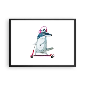 Póster en marco negro - Tejón en un scooter con auriculares rosas - 70x50cm - Alegrías de tejón - Decoración de pared moderna para salón y dormitorio ARTTOR