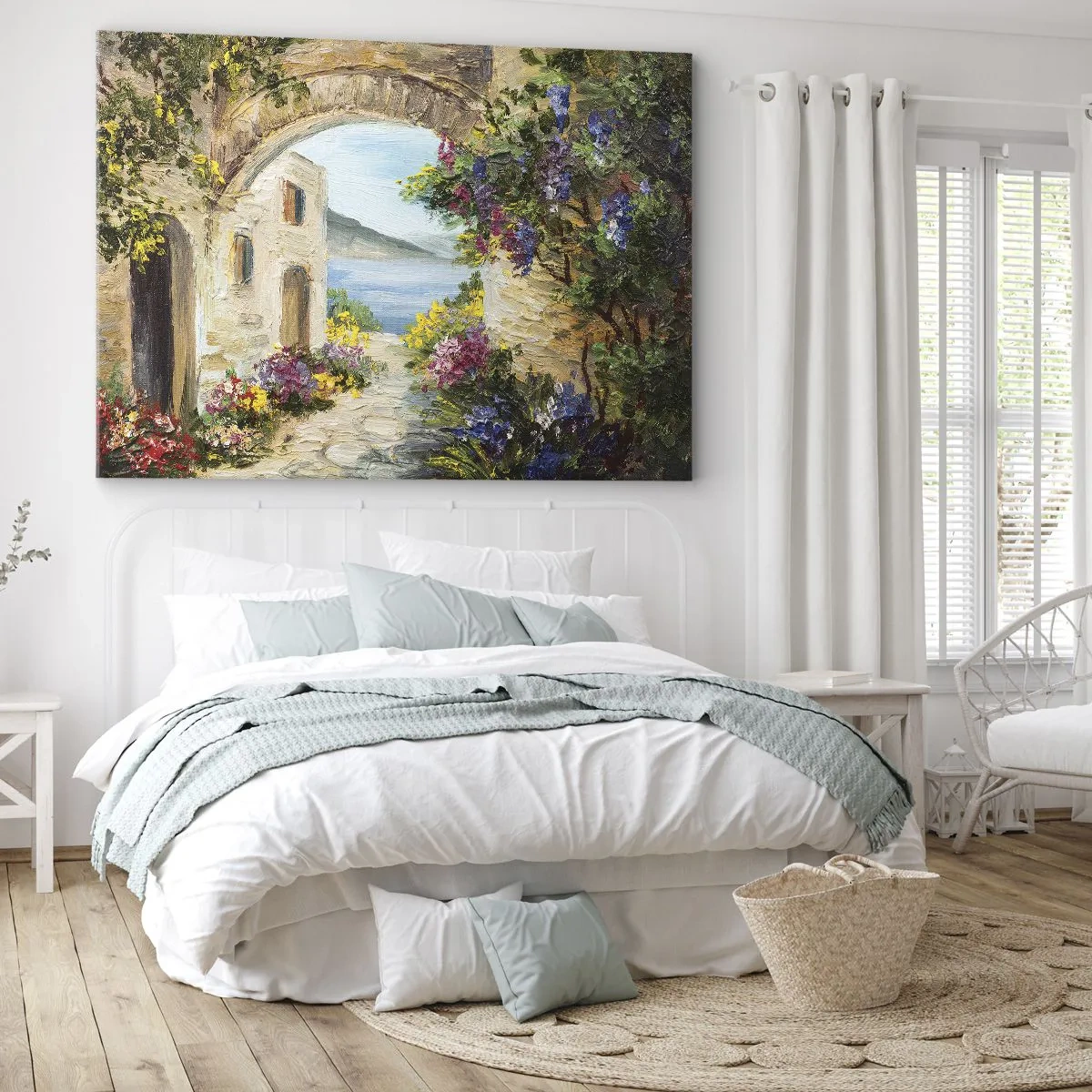 Cuadro sobre lienzo - Impresión de Imagen - Paisaje costero con edificios de piedra y flores. - 100x70cm - El encanto del paisaje costero - Decoración de pared moderna para salón y dormitorio ARTTOR