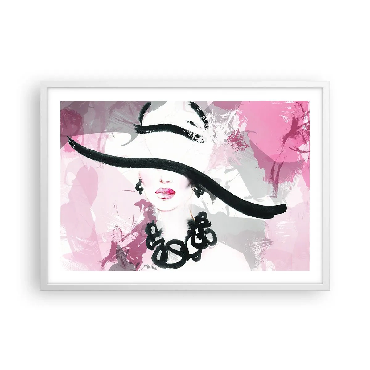 Póster en marco blanco - Retrato de una dama en negro y rosa - 70x50 cm