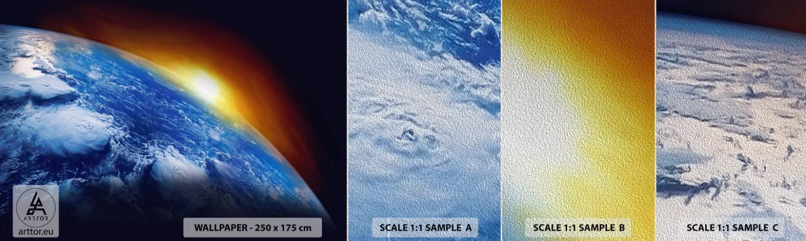 Muestra de fotomural Premium Sand - Amanecer en un planeta azul - Abstracción, 3D, Cosmos - 100x30 cm