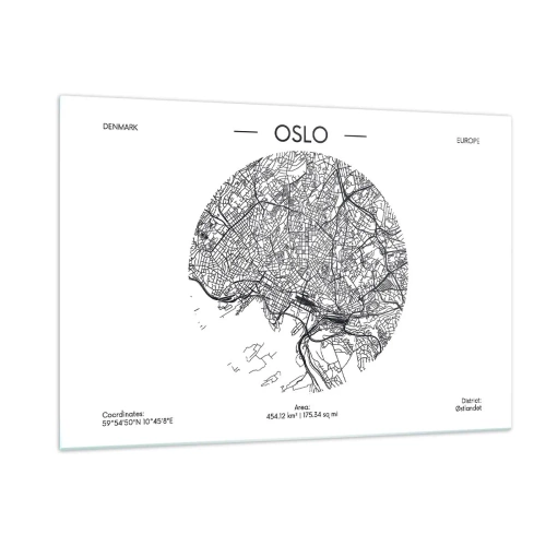 Cuadro sobre vidrio - Impresiones sobre Vidrio - Mapa de la ciudad de Oslo en estilo gráfico en blanco y negro - 120x80cm - Anatomía de Oslo - Decoración de pared moderna para salón y dormitorio ARTTOR