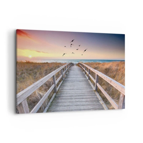 Cuadro sobre lienzo - Impresión de Imagen - Muelle de madera que conduce a la playa al atardecer - 100x70cm - Camino a lo desconocido - Decoración de pared moderna para salón y dormitorio ARTTOR