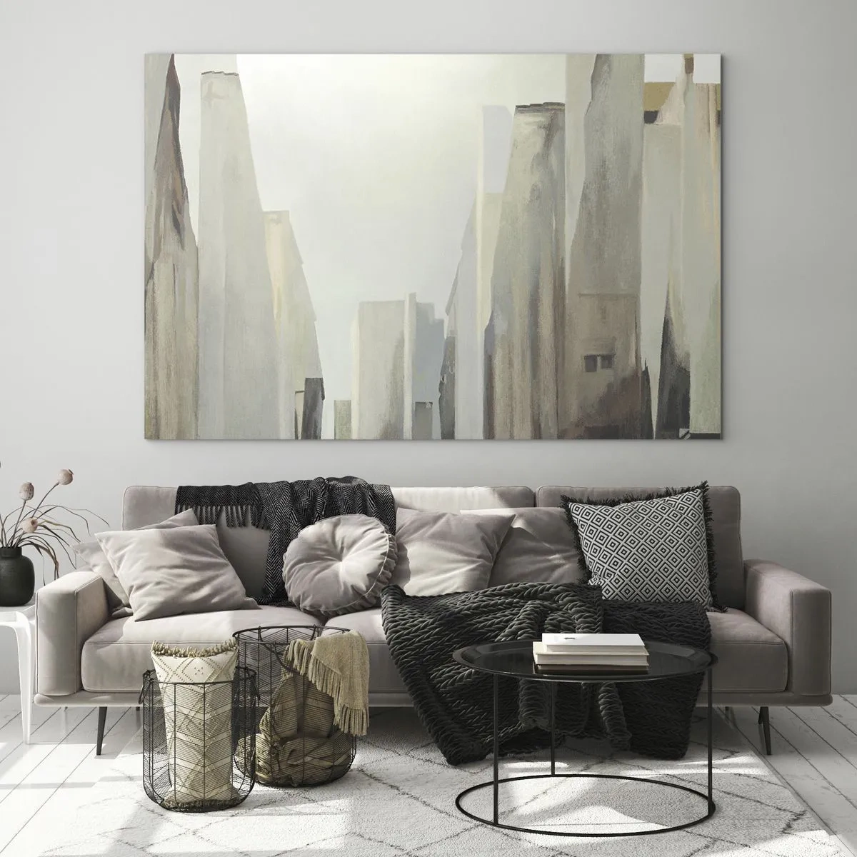 Cuadro sobre vidrio - Impresiones sobre Vidrio - Una visión abstracta de edificios urbanos en una paleta apagada - 70x50cm - Un sueño de ciudad - Decoración de pared moderna para salón y dormitorio ARTTOR