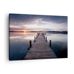 Cuadro sobre lienzo - Impresión de Imagen - Un muelle en un lago al atardecer en un paisaje tranquilo. - 70x50cm - Frontera silenciosa del día y la noche - Decoración de pared moderna para salón y dormitorio ARTTOR