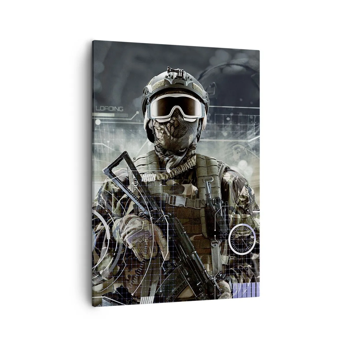 Cuadro sobre lienzo - Impresión de Imagen - Un soldado con un casco futurista y una pistola en un fondo de tecnología. - 50x70cm - De poder a poder - Decoración de pared moderna para salón y dormitorio ARTTOR