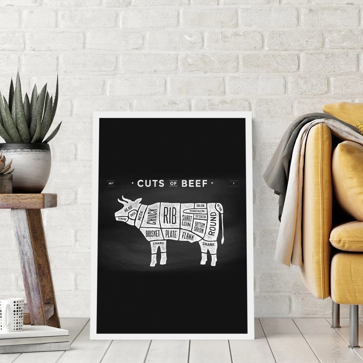 Póster - Diagrama de cortes de carne de res sobre un fondo negro en estilo retro - 50x70cm - Manual del carnicero - Decoración de pared moderna para salón y dormitorio ARTTOR