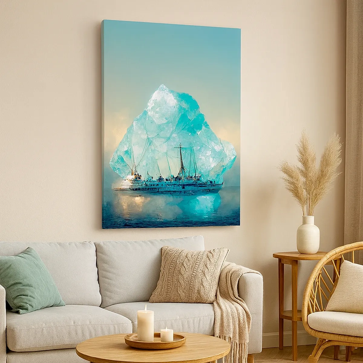 Cuadro sobre lienzo - Impresión de Imagen - Un barco con un majestuoso iceberg al fondo. - 50x70cm - Diamante ártico - Decoración de pared moderna para salón y dormitorio ARTTOR