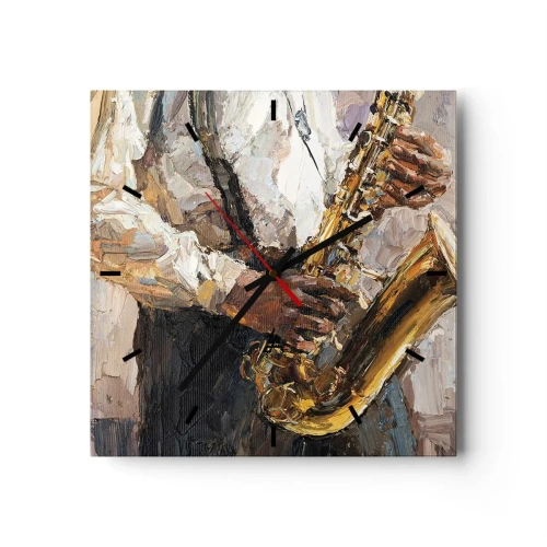 Reloj de pared - Reloj de vidrio - Un músico tocando el saxofón con un estilo artístico. - 30x30cm - Llegó el momento del solo - Decoración de pared moderna para salón y dormitorio ARTTOR