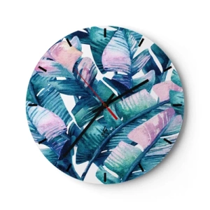 Reloj de pared - Reloj de vidrio - Hojas tropicales en tonos verdes y rosas. - 30x30cm - En una plantación de plátanos - Decoración de pared moderna para salón, cocina y dormitorio ARTTOR