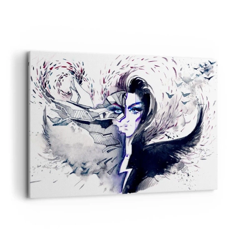 Cuadro sobre lienzo - Impresión de Imagen - Rostro abstracto con elementos contrastantes y motivo de ala. - 120x80cm - Demoníaca y hermosa - Decoración de pared moderna para salón y dormitorio ARTTOR