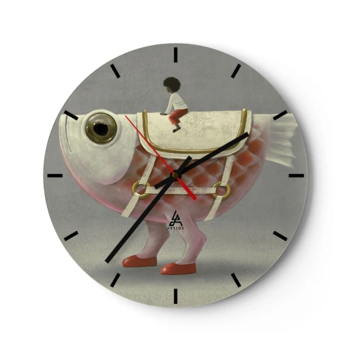 Reloj de pared - Reloj de vidrio - Una figura de un gran pez con silla de montar y botas sobre un fondo gris. - 30x30cm - Jinete del pescado - Decoración de pared moderna para salón, cocina y dormitorio ARTTOR