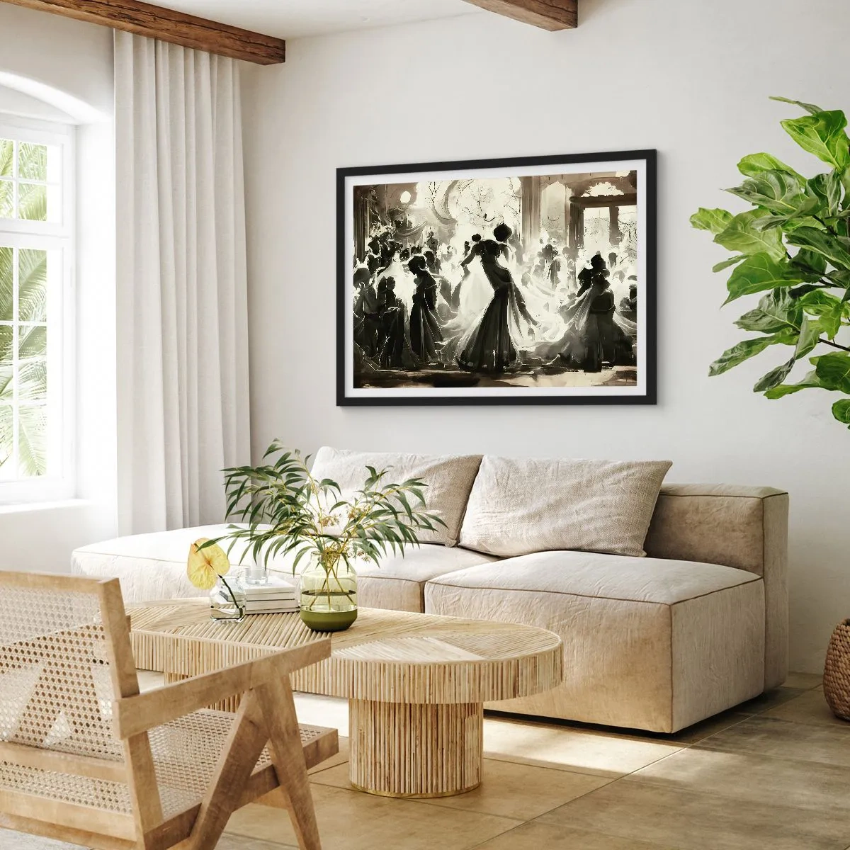 Póster en marco negro - Balón de estilo retro en blanco y negro. - 100x70cm - Gran mascarada - Decoración de pared moderna para salón y dormitorio ARTTOR