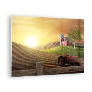 Cuadro sobre vidrio - Impresiones sobre Vidrio - Puesta de sol sobre una granja con un campo y un tractor - 70x50cm - Una granja como un cuento de hadas - Decoración de pared moderna para salón y dormitorio ARTTOR