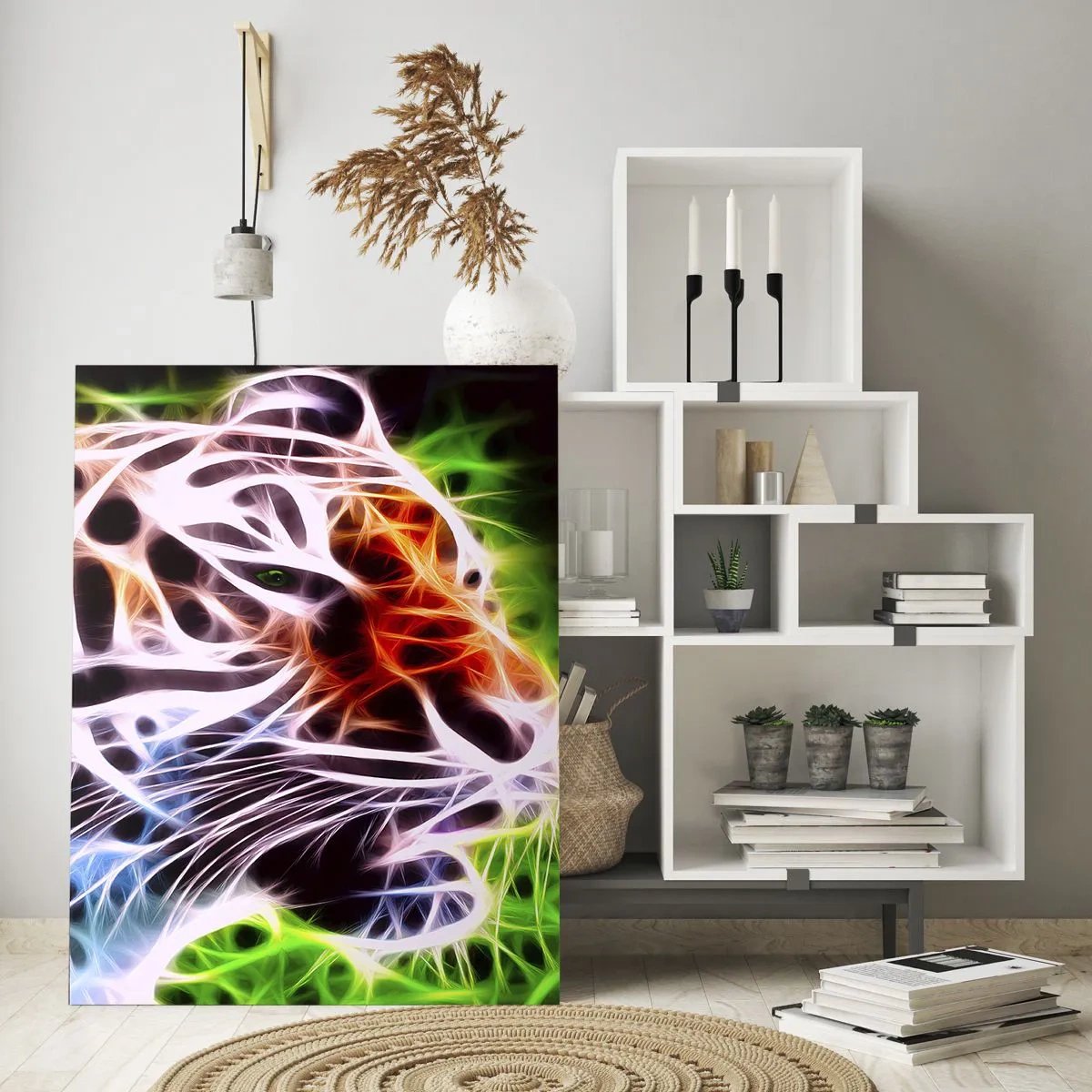 Cuadro sobre vidrio - Impresiones sobre Vidrio - Retrato artístico colorido de un tigre en estilo neón sobre fondo negro. - 80x120cm - Un aura amenazante - Decoración de pared moderna para salón y dormitorio ARTTOR