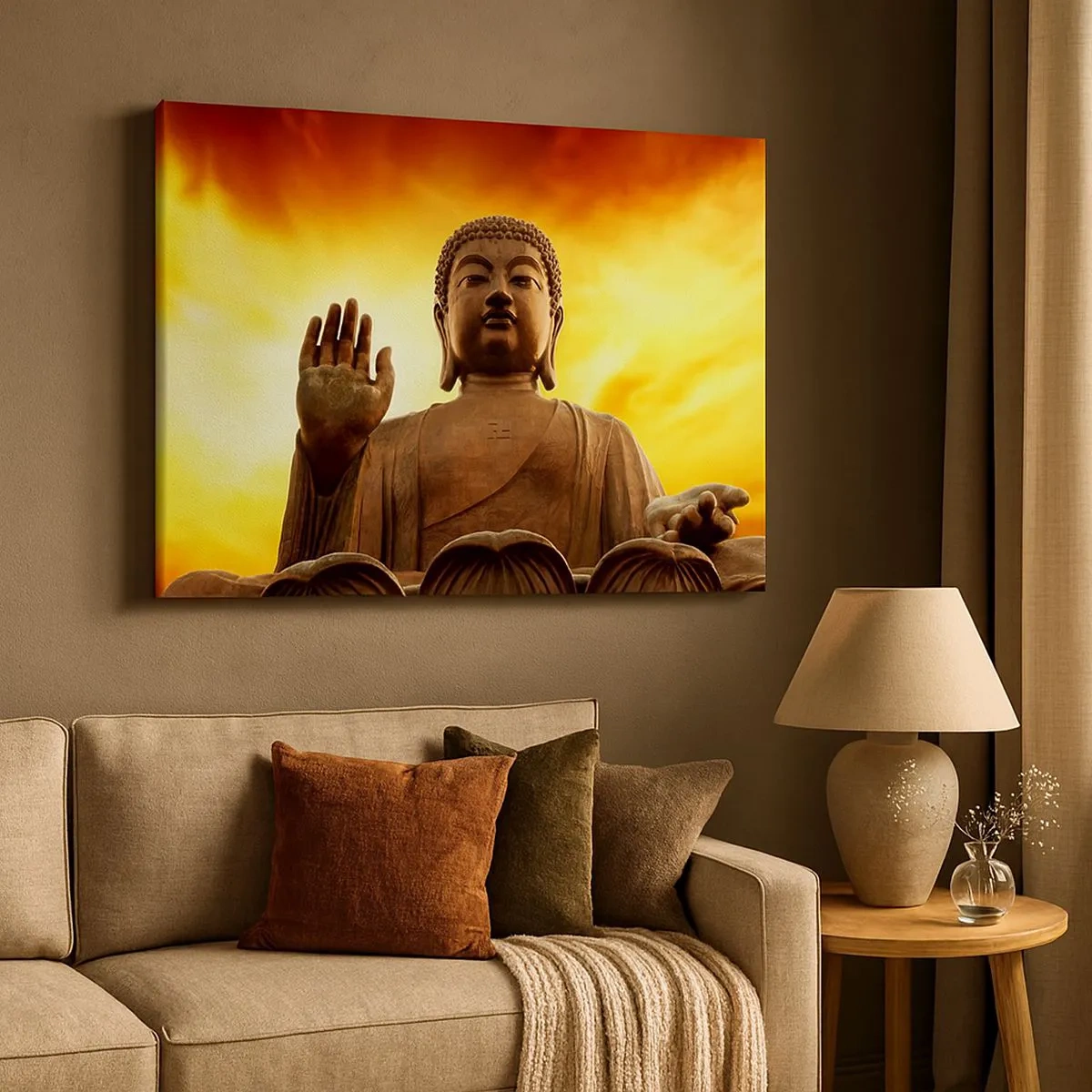 Cuadro sobre lienzo - Impresión de Imagen - Una estatua de Buda contra un cielo dorado al atardecer. - 70x50cm - La calma del mundo - Decoración de pared moderna para salón y dormitorio ARTTOR