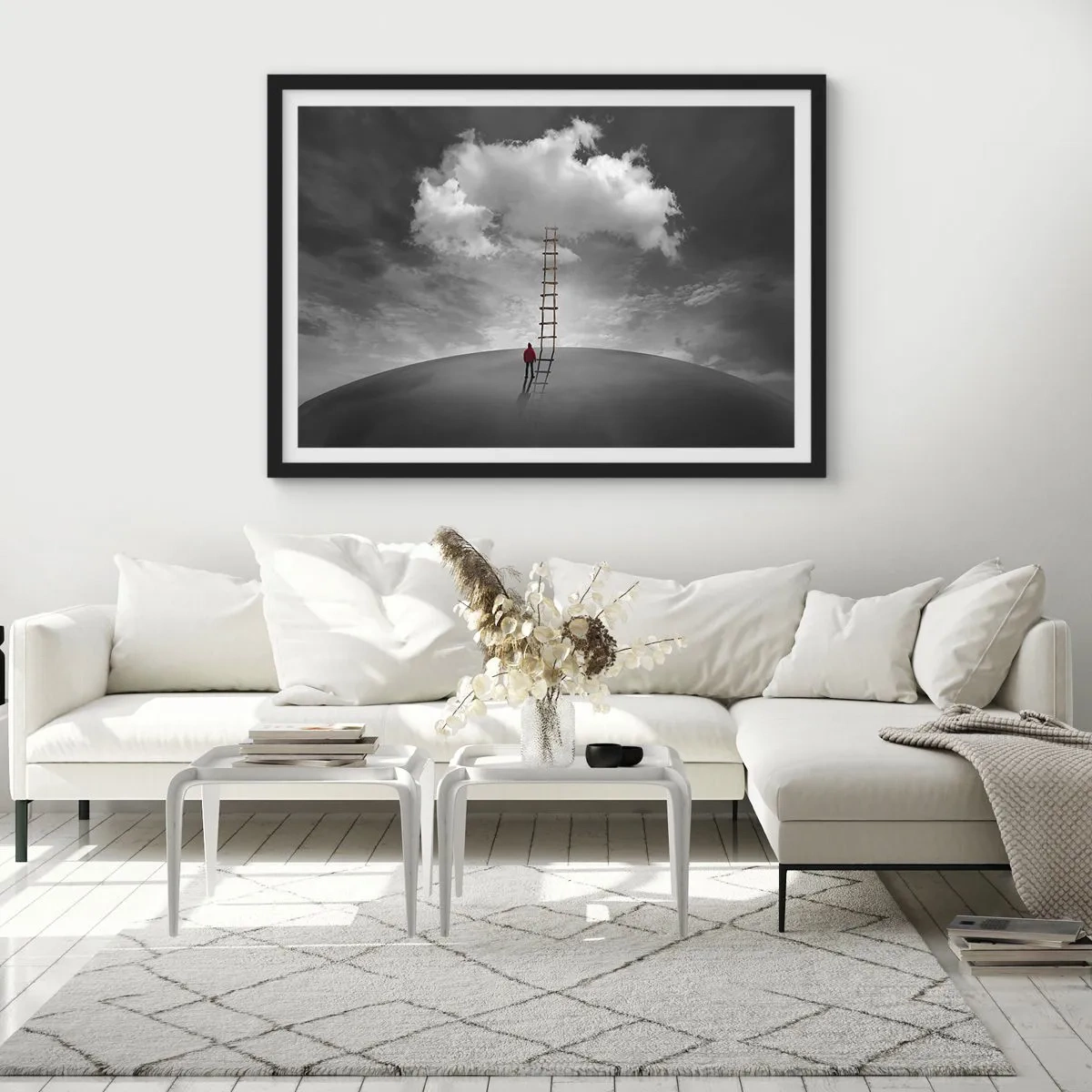 Póster en marco negro - Una persona con un abrigo rojo y una escalera que conduce a una nube. - 100x70cm - Todo es posible - Decoración de pared moderna para salón y dormitorio ARTTOR