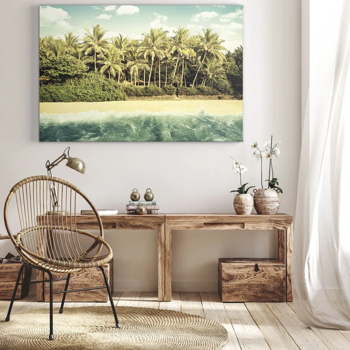 Cuadro sobre lienzo - Impresión de Imagen - Playa tropical con palmeras y mar turquesa. - 70x50cm - ¿Qué tal aquí? - Decoración de pared moderna para salón y dormitorio ARTTOR