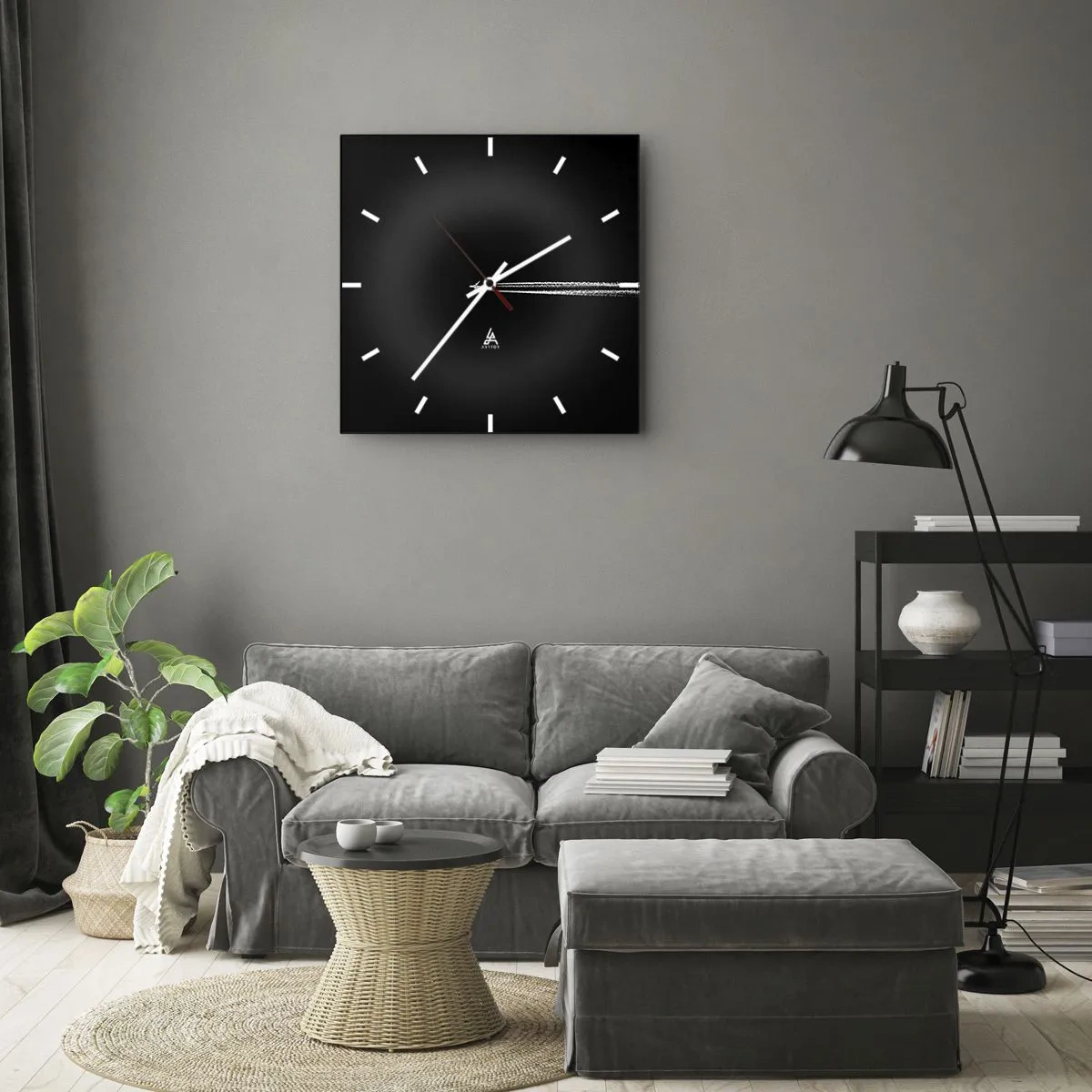 Reloj de pared - Reloj de vidrio - Un avión a reacción con una estela de condensación visible sobre un fondo negro. - 30x30cm - En otra dimensión - Decoración de pared moderna para salón y dormitorio ARTTOR