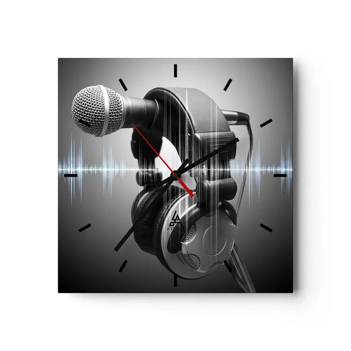 Reloj de pared - Reloj de vidrio - Micrófono y auriculares con visualización de ondas sonoras de fondo. - 30x30cm - Todavía se puede escuchar el canto - Decoración de pared moderna para salón y dormitorio ARTTOR