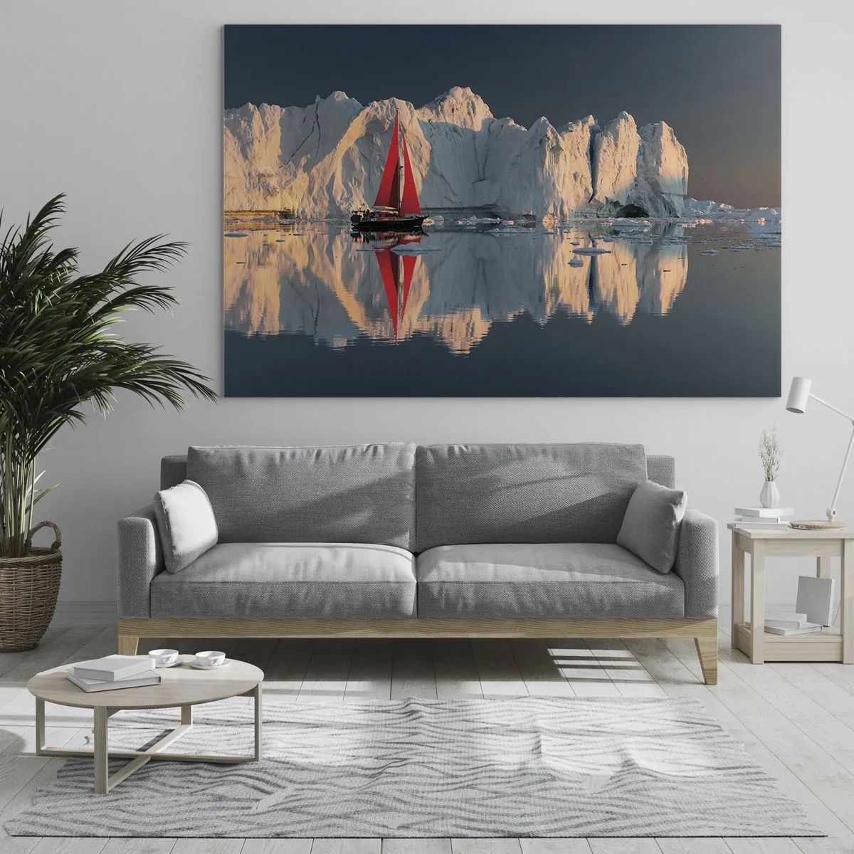 Cuadro sobre vidrio - Impresiones sobre Vidrio - Un velero con una vela roja cerca de los icebergs al atardecer. - 120x80cm - En el límite del mundo - Decoración de pared moderna para salón y dormitorio ARTTOR