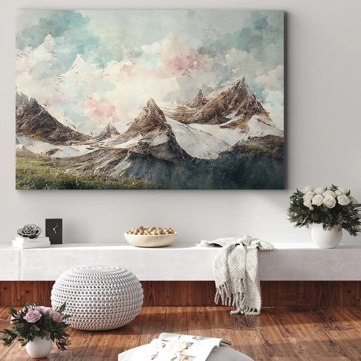 Cuadro sobre lienzo - Impresión de Imagen - Montañas pintorescas con cielos pastel - 70x50cm - Filos rocosos - Decoración de pared moderna para salón y dormitorio ARTTOR