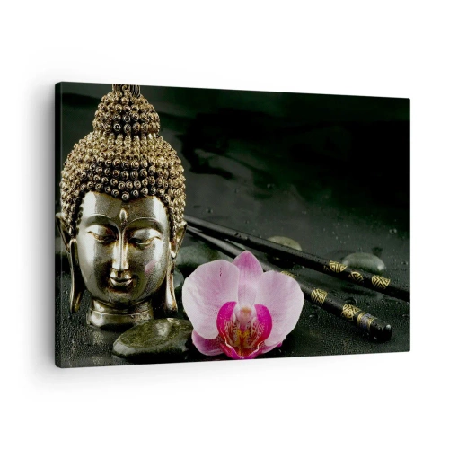 Cuadro sobre lienzo - Impresión de Imagen - Una estatuilla de Buda con una orquídea y palillos sobre un fondo de piedras. - 70x50cm - La armonía de la sabiduría y la belleza - Decoración de pared moderna para salón y dormitorio ARTTOR