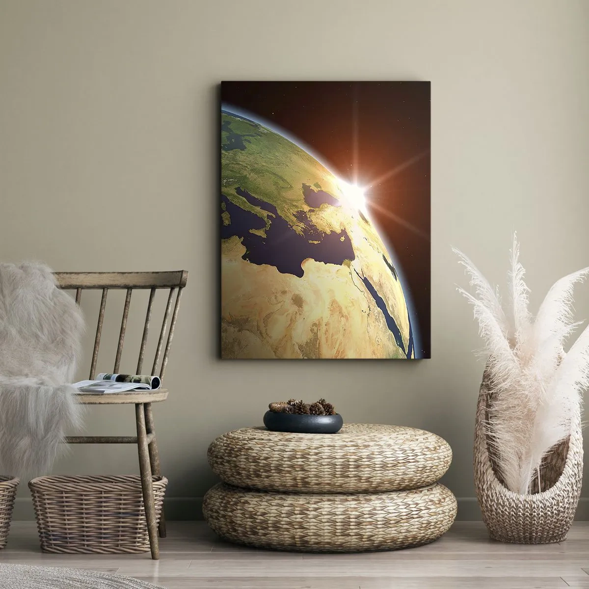 Cuadro sobre lienzo - Impresión de Imagen - Vista de la Tierra desde el espacio con rayos de sol en el horizonte - 50x70cm - Amanecer - Decoración de pared moderna para salón y dormitorio ARTTOR