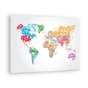 Cuadro sobre vidrio - Impresiones sobre Vidrio - Un mapa del mundo con nombres de países coloridos. - 70x50cm - Quiero conocerlos a todos - Decoración de pared moderna para salón y dormitorio ARTTOR