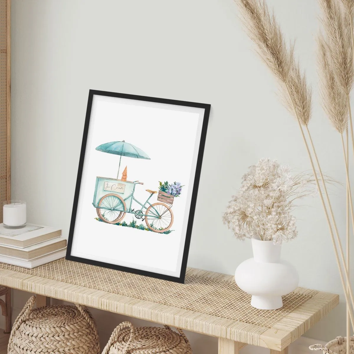 Póster en marco negro - Ilustración en acuarela de una bicicleta con helado y flores. - 50x70cm - Dulce recuerdo del verano - Decoración de pared moderna para salón y dormitorio ARTTOR