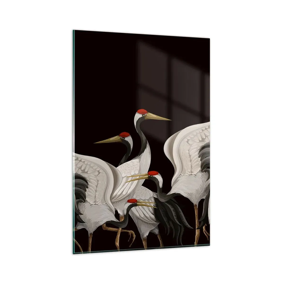 Cuadro sobre vidrio - Impresiones sobre Vidrio - Grúas blancas con acentos rojos sobre fondo negro - 80x120cm - Asuntos de aves - Decoración de pared moderna para salón y dormitorio ARTTOR