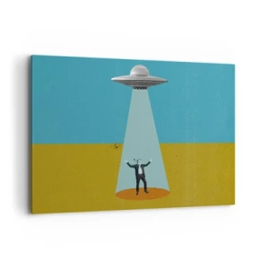 Cuadro sobre lienzo - Impresión de Imagen - Un hombre a la luz de un OVNI sobre el fondo de un paisaje colorido. - 120x80cm - Un encuentro cercano - Decoración de pared moderna para salón y dormitorio ARTTOR