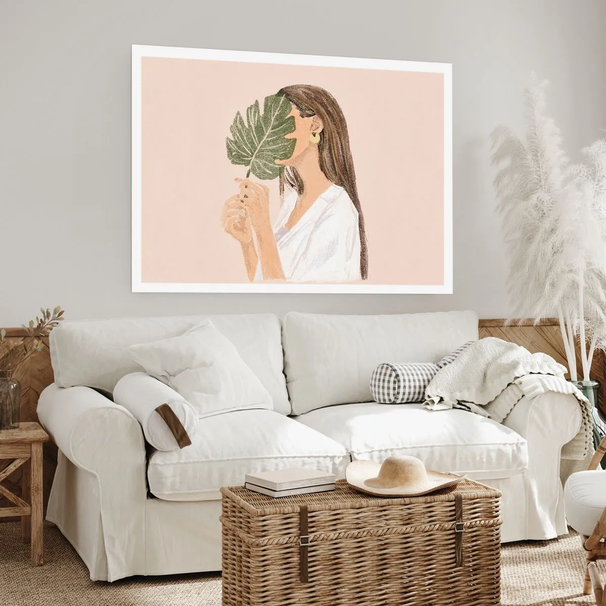 Póster - Retrato de una mujer con una hoja de monstera sobre un fondo beige. - 100x70cm - Retrato misterioso con un abanico - Decoración de pared moderna para salón y dormitorio ARTTOR