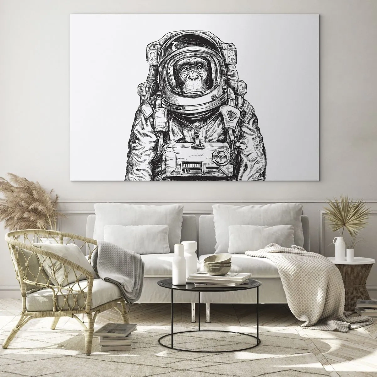 Cuadro sobre vidrio - Impresiones sobre Vidrio - Boceto de un mono con traje de astronauta sobre un fondo blanco. - 100x70cm - Evolución alternativa - Decoración de pared moderna para salón y dormitorio ARTTOR