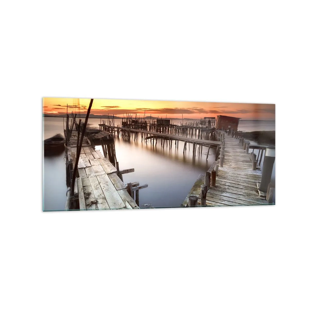 Cuadro sobre vidrio - Impresiones sobre Vidrio - Muelles de madera en aguas tranquilas al atardecer - 120x50cm - Auténtico, sublime - Decoración de pared moderna para salón y dormitorio ARTTOR