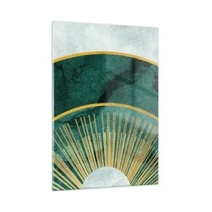 Cuadro sobre vidrio - Impresiones sobre Vidrio - Rayos dorados sobre un fondo de semicírculos verdes con estructura de mármol. - 50x70cm - Un sistema solar diferente - Decoración de pared moderna para salón y dormitorio ARTTOR
