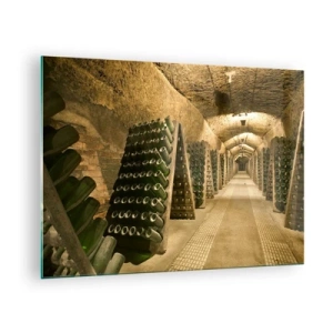 Cuadro sobre vidrio - Impresiones sobre Vidrio - Una bodega con botellas de vino envejeciendo en filas. - 70x50cm - El nacimiento del gusto - Decoración de pared moderna para salón y dormitorio ARTTOR
