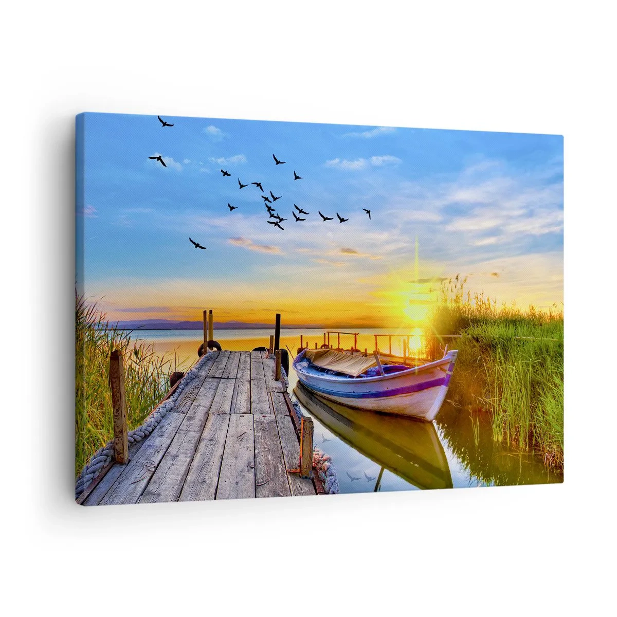 Cuadro sobre lienzo - Impresión de Imagen - Un barco en un muelle de madera al atardecer. - 70x50cm - Adiós, hasta mañana - Decoración de pared moderna para salón y dormitorio ARTTOR